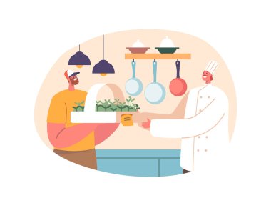 Adanmış Erkek Çiftçi Karakteri restorana taze, canlı mikroçerezler getiriyor, Şef Mutfak Yaratıcıları için lezzet ve besin patlaması sağlıyor. Çizgi film İnsanları Vektör İllüstrasyonu