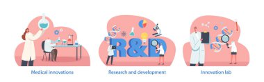 Laboratuvar İnovasyonu, Araştırma ve Geliştirme Sahneleri ile İzole Edilmiş Elementler. DNA Yapısı Laboratuvarda Büyüteç Arayan Bilim Adamları Karakterleri. Çizgi film İnsanları Vektör İllüstrasyonu