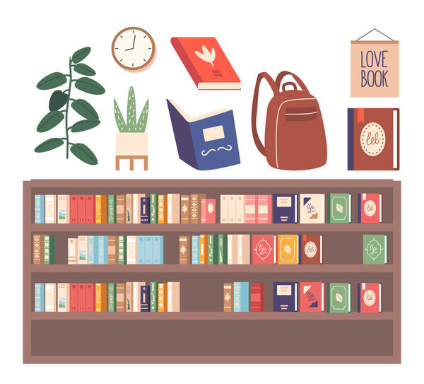 Library Interior Items Set. Bookshelves Laden With Classics, Closed and Open Books, Potted Plants, Backpack and Wall Clock, Collection of Graphic Elements For Book Lovers. Cartoon Vector Illustration