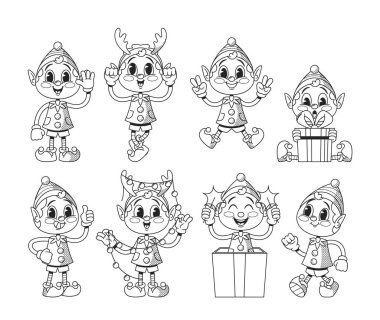 Eski tarz Noel Elfleri Siyah ve Beyaz Çizgi Karakterleri Neşeli İfadeler, Bayram Sezonuna Nostaljik Cazibe Getir. Hediyeli Peri Masalı Kişileri, Çelenkler. Vektör Resimleri, Ayarla