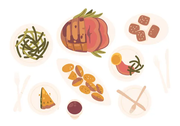 Изолированный Набор Множества Блюд Мяса Картофеля Пирога Десерта Ожидающих Гостей — стоковый вектор