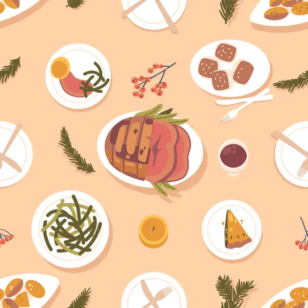 Вид Сверху Показывает Множество Блюд Начиная Жареного Мяса Заканчивая Пирогами — стоковый вектор