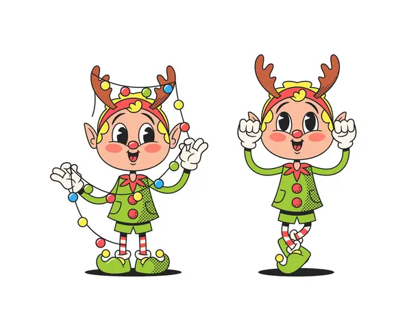 カートゥーンレトロクリスマスエルフキャラクター お祝いのガーブで飾られたスポーツディアントラー ノスタルジアのタッチでホリデーチアを引き起こし ツインクルーリングガーランドライトで喜びを広げます ベクターイラスト — ストックベクタ