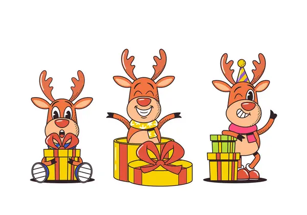 Retro Styl Bożonarodzeniowe Postacie Jelenia Donning Świąteczne Szaliki Pudełkami Prezenty — Wektor stockowy