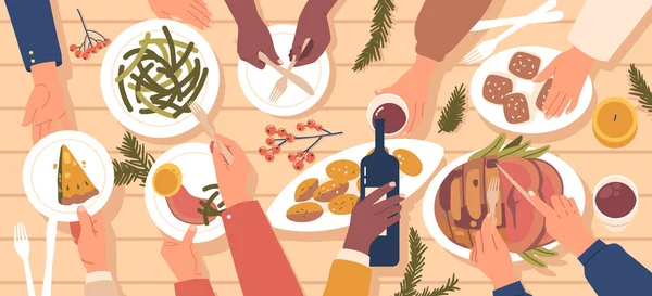 Великолепный Рождественский Праздник Человеческие Руки Тянутся Восхитительным Блюдам Наливают Вино — стоковый вектор