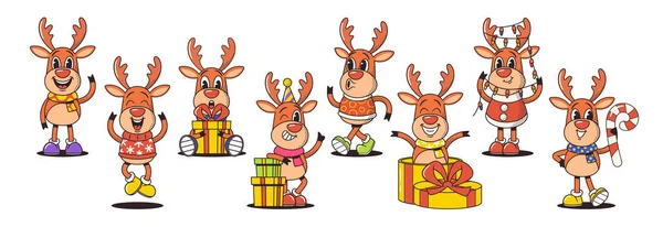 Çizgi Film Retro Style Noel Geyiği Karakterleri Canlı Kış Giysileri — Stok Vektör