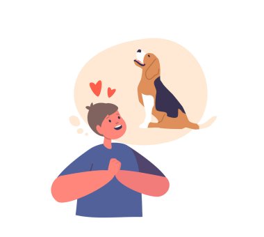 Sevgili köpeğini barışçıl bir şekilde hayal eden, rahat bir uykuya dalmış, arasındaki bağ, onun huzurlu gülümsemesiyle resmedilmiş küçük çocuk karakteri. Çizgi film İnsanları Vektör İllüstrasyonu