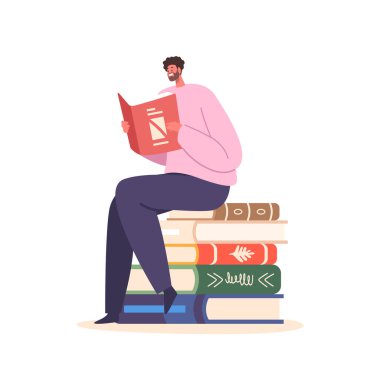 Kitap yığınının üzerinde oturan, okumaya dalmış, sayfaları okumaya odaklanmış gözleri, sözcükler ve hayallerle dolu bir dünyada kaybolmuş, çevresindekilerden bihaber. Çizgi film İnsanları Vektör İllüstrasyonu