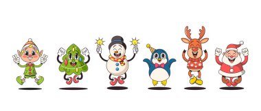 Retro-stil Noel Karakterleri Özellikli Nostaljik Noel Baba, Gül Yanaklı Kardan Adam ve Neşeli Elf, Ağaç, Ren Geyiği ve Penguen Çizgi Filmi Kişileri Zıplayarak Tatili Kutluyor