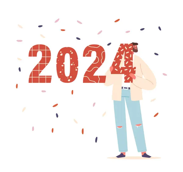 男は希望に満ちた予想で数字2024を保持し ホライゾンで新しい年と新しい機会を象徴しています コンセッティ雨の下で幸せな男性のキャラクター ベクター イラスト — ストックベクタ