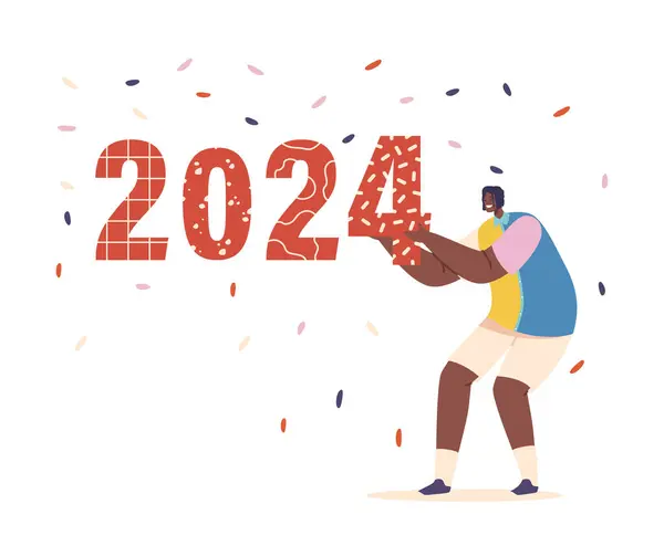アフリカ系アメリカ人男性キャラクターは 彼が来年を受け入れるように 彼の将来の明確なための彼の希望的な予想を保持2024年を興奮させます ベクター イラスト — ストックベクタ