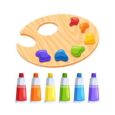 Parça ve çeşitli boya tüpleriyle canlı renk paleti, Ateşli Kızıllardan Sakinleştirici Mavilere, Yaratıcı İfadeye Hazır Renkler Spektrumu. Çizgi film Vektör İllüstrasyonu