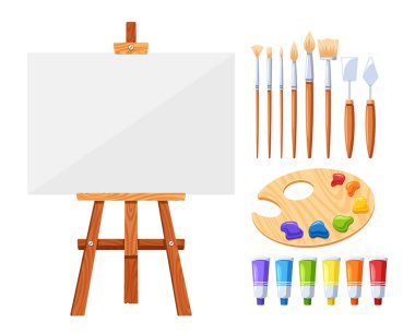 Sanatçı Ögeleri setinde fırçalar, bıçaklar, boyalar, tuval, palet ve Easel, yaratıcı ifade ve görsel sanatlar için gerekli araçlar olarak hizmet vermektedir. Ressam için eşyalar. Çizgi film Vektör İllüstrasyonu