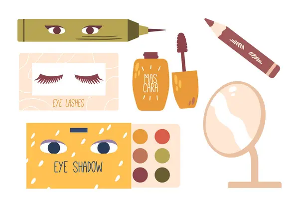 Makeup Cosmetics Eyes Includes Lashes Liner Eyeshadow Eyebrow Pencil Mascara — Stock Vector