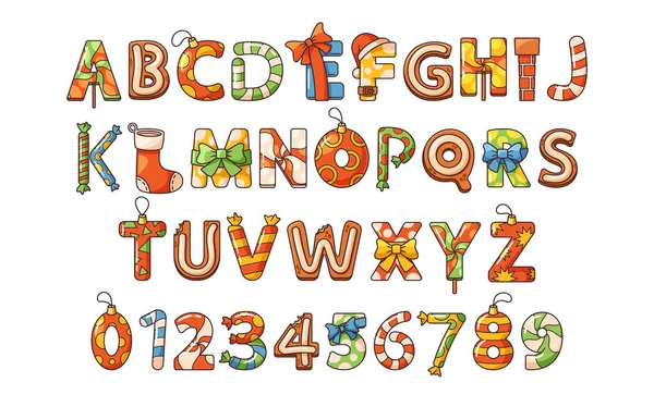 Cartoon Christmas Alphabet Font Feature Decorative Festive Lettering Style Elements — Stock Vector