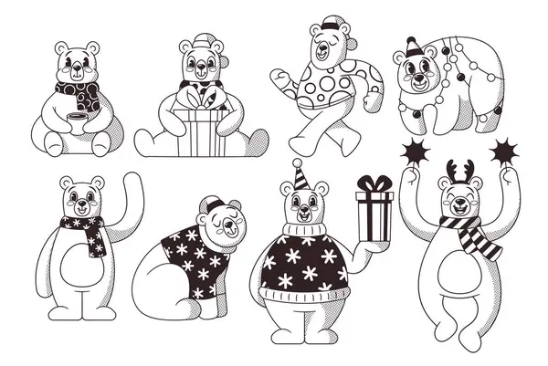 Preto Branco Desenhos Animados Estilo Retrô Natal Polar Bear Personagens — Vetor de Stock