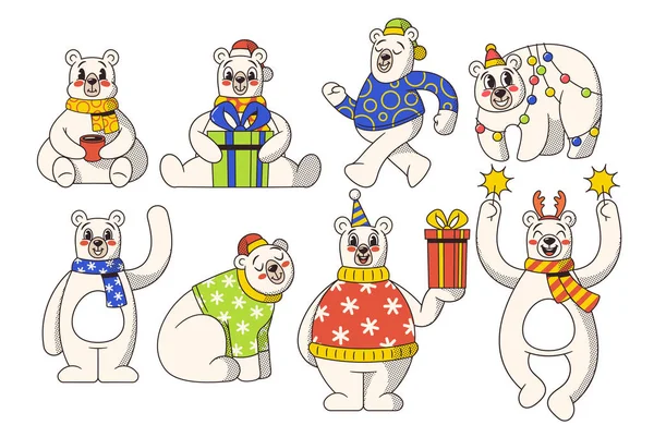 Retro Style Polar Bears Cartoon Characters Zdobené Barevnými Šátky Ročním — Stockový vektor