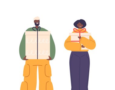 Erkek ve Kadın Siyah Karakterler Hediyelerini Renkli Kağıt ile Sarılmış Kucaklıyor. Sevgi ve sevinç havayı doldurur, paylaşılan mutluluğun iç açıcı bir sahnesini yaratır. Çizgi film İnsanları Vektör İllüstrasyonu