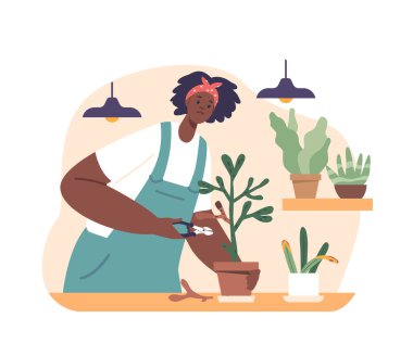 Şefkatli Kadın Solmuş Bitkileri Nazik Kurutma, Kadın Karakteri Yumuşak Dokunuşu ve Yeşilparmak Uzmanlığıyla Onları Nazikçe Hayata Döndürüyor. Çizgi film İnsanları Vektör İllüstrasyonu