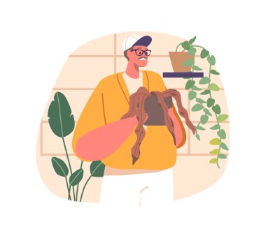 İnsan özenle solmuş bitkilerle ilgilenir, erkek karakter nazikçe sulanır, budar, ve onları sevgi ve sabırla canlandırır, onlara ikinci bir yaşam şansı verir. Çizgi film İnsanları Vektör İllüstrasyonu