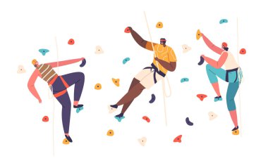 Karakterler Salon İçi Kaya Duvarları 'na tırmanır, Kasları kasılır, Yüzleri Belirlenir. Tebeşir tozlu eller, Yerçekimine, Tırmanışçıların Macera Peşindeki Topluluğuna, Vektör 'e meydan okurken renkli tutucuları kavrıyor