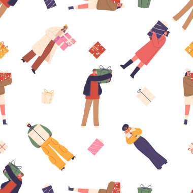 Renkli Yetenekleri olan kusursuz desensiz karakterler tatil temalı dekorasyon ve ambalaj kağıtları için eğlenceli ve neşeli bir tasarım yaratıyorlar. Çizgi film İnsanları Vektör İllüstrasyonu