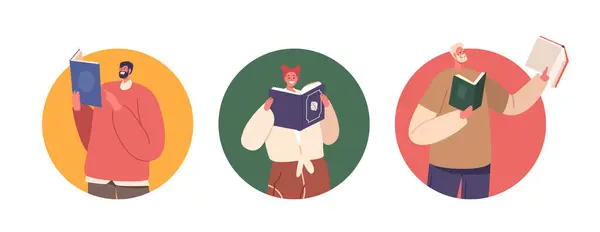 Iconos Redondos Aislados Avatares Con Personajes Absortos Libros Sus Mundos — Archivo Imágenes Vectoriales