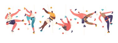 Sporcuların Karakterleri Kayalık Duvarlar 'a tırmanır, Holds' a tutunur, Kayalık Spor Salonları 'nda. Güçleri, çeviklikleri ve kararlılıkları zorlu rotaları fethederken parlıyor. Çizgi film İnsanları Vektör İllüstrasyonu