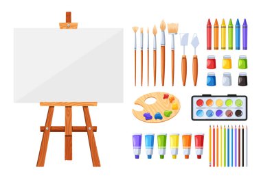 Sanatçı setinde boya, fırça, tuval, Easels, ve Palette with Knives, kalem ve tüpler bulunur. Yaratıcı İfade İçin Aletler ve Sanatsal Görüşlerin Gerçekleştirilmesi. Çizgi film Vektör İllüstrasyonu