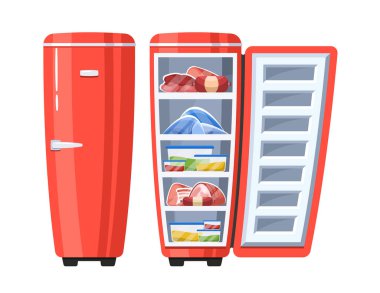 Dondurulmuş Buzdolabı, Taze ürün ve içeceklerle dolu. Çıtır sebzeler, Sulu Meyveler ve Düzenli Şekerlemeler Gelecek vaat eden Lezzetli Bir Ziyafet. Çizgi film Vektör İllüstrasyonu