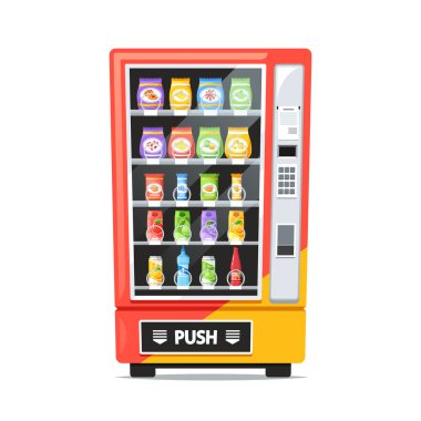 Renkli Satış Makinesi Crunchy Chips 'ten Sweet Candy' ye kadar bir dizi cazip atıştırmalıkla süslenmiş ve içkiler aydınlanmış görüntüsüyle aç müşterileri bekliyor. Çizgi film Vektör İllüstrasyonu