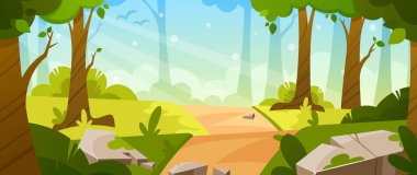 Çizgi film geçmişi, yolu olan doğa manzarası, yaprak döken ağaçlar, kayalar, yeşil çimenler ve yerdeki çalılar. Güzel, Sahne Yazı ya da Bahar Ormanı ya da Bitkilerle dolu Park Alanı, Vektör İllüzyonu