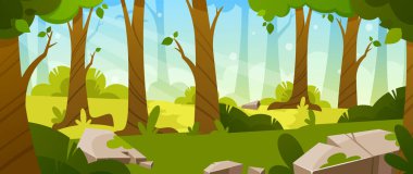 Çizgi film Orman Arkaplanı, Doğa Manzarası. Sahne Yazı ya da Bahar Ormanı Parallaks Doğal Sahnesi, yaprak döken ağaçlar, kayalarda yosun, çimenler, çalılıklar ve yerde güneş ışığı lekeleri. Vektör İllüstrasyonu