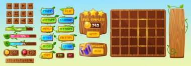 Orman Oyun Menüsü Arayüzü. Ui Game Buttons, Gui Elements oyun varlığı. Panel, Çıkış veya Yeniden Başlatma Seçenekleri, Gelişim Çubukları ve Yeşil Bitkiler, Asmalar ve Yapraklı Ux Simgeleri. Çizgi film Vektör Oyun Kiti