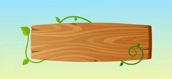 Holzschild Oder Brett Mit Und Grünen Blättern Vektorholzbanner Mit Hängenden — Stockvektor