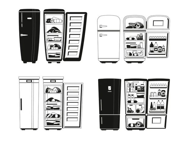 Refrigerators Black White Icons Set Appliances Cool Enclosed Spaces Preserve — Stock Vector