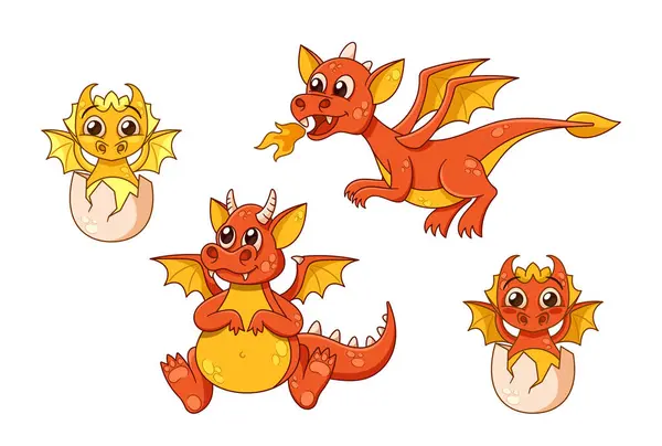 Adorable Cartoon Dragons Vibrant Red Yellow Scales Sparkling Eyes Fire — Stock Vector