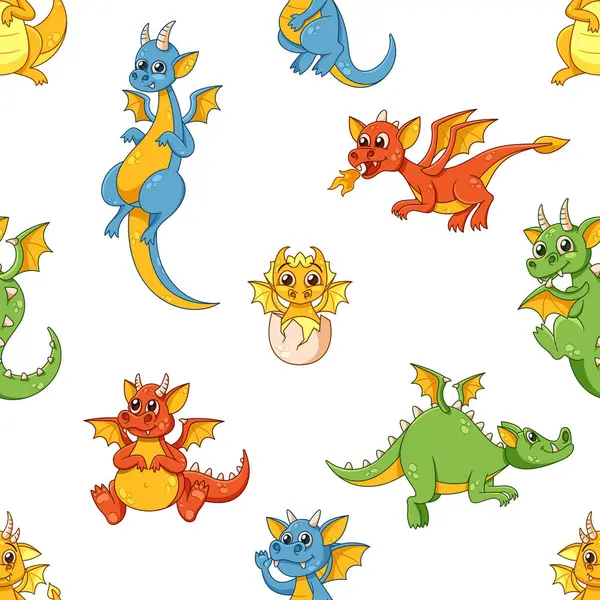 Reizvolles Nahtloses Muster Mit Entzückenden Cartoon Drachen Charakteren Leuchtenden Farben — Stockvektor