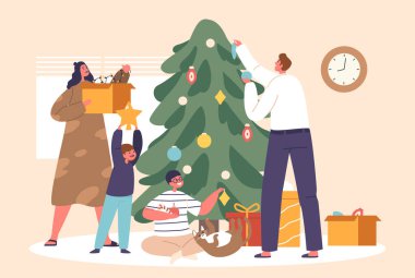 Aileler ve çocuklar Noel ağacının etrafında neşeli bir şekilde toplanır, kahkahalar atar ve birlikte güzel bayram anıları yaratmak için süsler asarlar. Çizgi film Vektör İllüstrasyonu