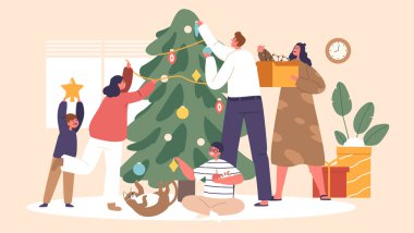 Neşeli aile karakterleri Noel Ağacı 'nın etrafında toplanır, süslerle ve ışıklarla sevgi dolu bir şekilde yankılanarak gülerek sıcak ve tatil ruhuyla dolu neşeli anılar yaratırlar.