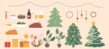 Noel ikonlarının seti. Lezzetli yemekler, şampanya, dekore edilmiş ağaç, hediyeler, komik kedi ve bitkiler, tatil sezonunun ruhuyla sıcak ve neşeli bir atmosfer yaratmak. Çizgi film Vektör İllüstrasyonu