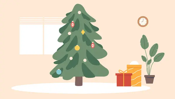 舒适的房间 有礼物 有一颗闪闪发光的圣诞树 还有一个暖烘烘的发光体 节日装饰和闪烁的灯光营造出欢乐的氛围 散发出节日的欢呼声 卡通矢量图解 — 图库矢量图片