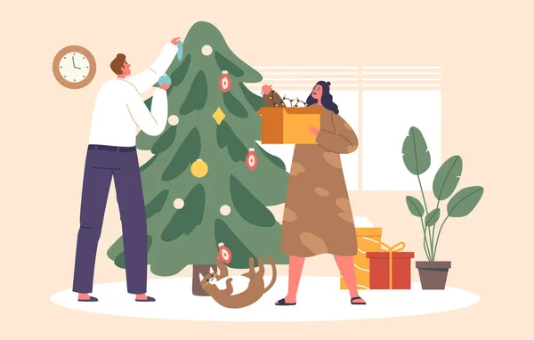 Neşeli Çift Karakterleri Noel Ağacını Süslüyor Gülüşmeler Kahkahalar Bayram Işıklarının — Stok Vektör