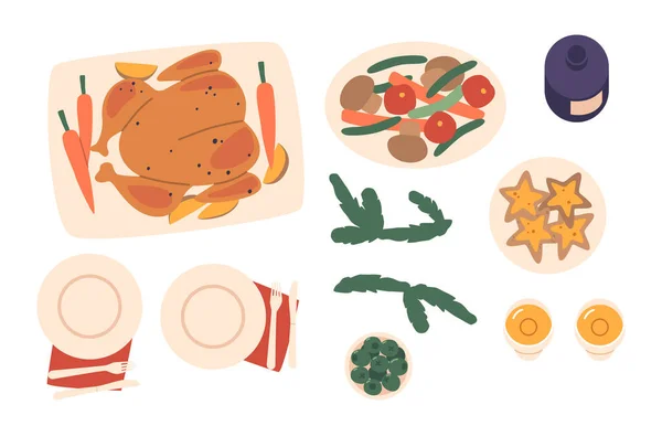 Set Festive Christmas Foods Items Turkey Meals Plates Elegant Red — Stock Vector