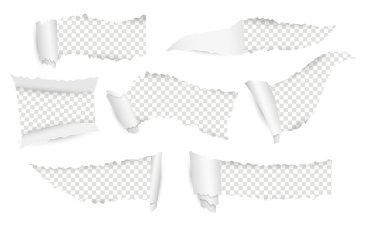 Boşluklarla süslenmiş gerçekçi kağıt, yırtık kavisler ve kenarlarla dolu sayfalar. Beyaz çarşaflar, yırtık ve yırtık pırtık, elementler soyulup kaotik bir dans içinde kıvrılıyor. 3d Vektör Resimleri, Kenarlıklar Ayarlandı
