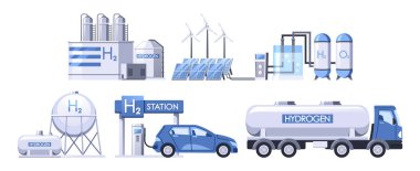 Hidrojen Üretimi, Hidrojeni Doğal Gaz, Su veya Biyokütle 'den Buhar Metan Reformu veya Elektroliz gibi süreçlerle çıkararak Temiz Enerji Kaynağı' nı sunar. Vektör İllüstrasyonu