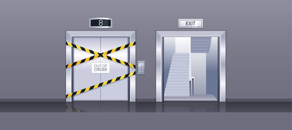 Сломанный лифт закрыт на ремонт или техническое обслуживание и выход дверь с лестницами, реалистичный 3D макет. Знак осторожности на поврежденных подъемных дверях, обернутых желтой, предупреждающей, полосатой лентой. Векторная миграция