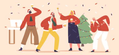 Parıldayan Işıklar, Ortama Karışan Meslektaşlar ve Kahkahalar ile Şenlikli Ofis Titreşimleri. Tatil Takım Elbiselerindeki Karakterler ve Giysiler Kurumsal Noel Partisini Kutluyor Çizgi Film İnsanları İllüzyonu