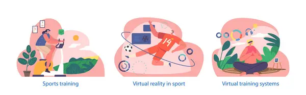 Elementos Vectoriales Aislados Con Personajes Inmersos Entrenamiento Deportivo Realidad Virtual — Vector de stock