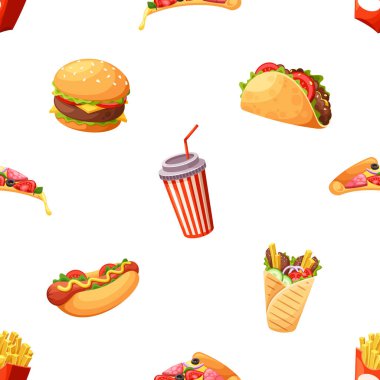 Burger, Fries, Hot Dog, Soda ve Pizza gibi enfes rengarenk ve iştah açıcı fast food ürünleri içeren kusursuz bir desen. Çizgi film Vektör İllüstrasyonu